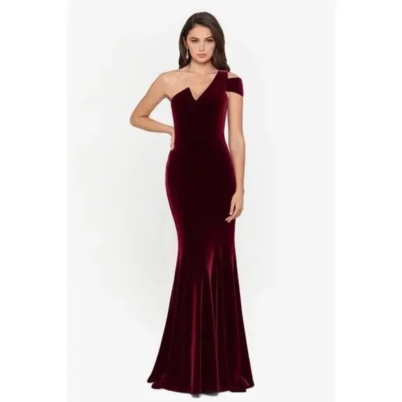 burgundy tie waist dress One Shoulder Velvet Satin Bow Cape Maxi Dress - Burgundy